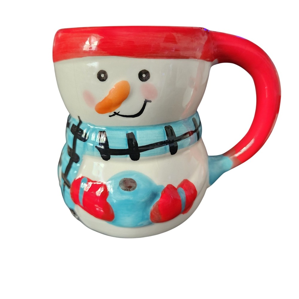 Bay Island Snowman Ceramic Coffee Mug 3D Sculpted Holiday Christmas‎ Red Blue